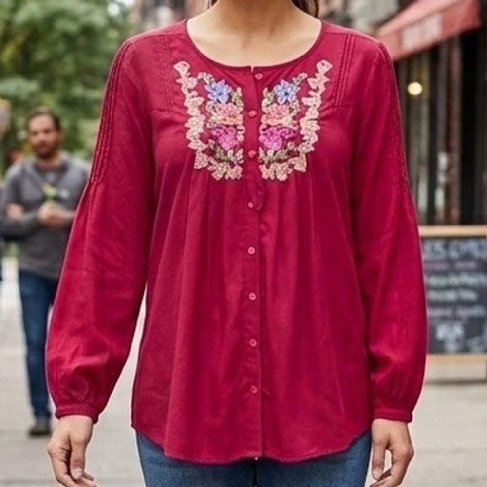 Denim 24/7 Womens Burgundy Floral Embroidered Sequin Blouse Top 16W Boho Cottage
